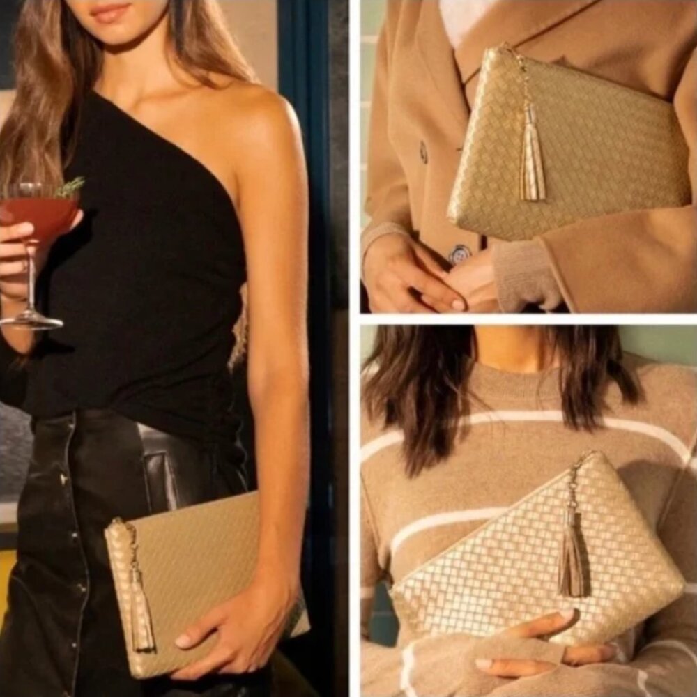 Virginia Wolf Vegan Mimi Woven Metallic Gold Clutch (NWT!) - Picture 1 of 4